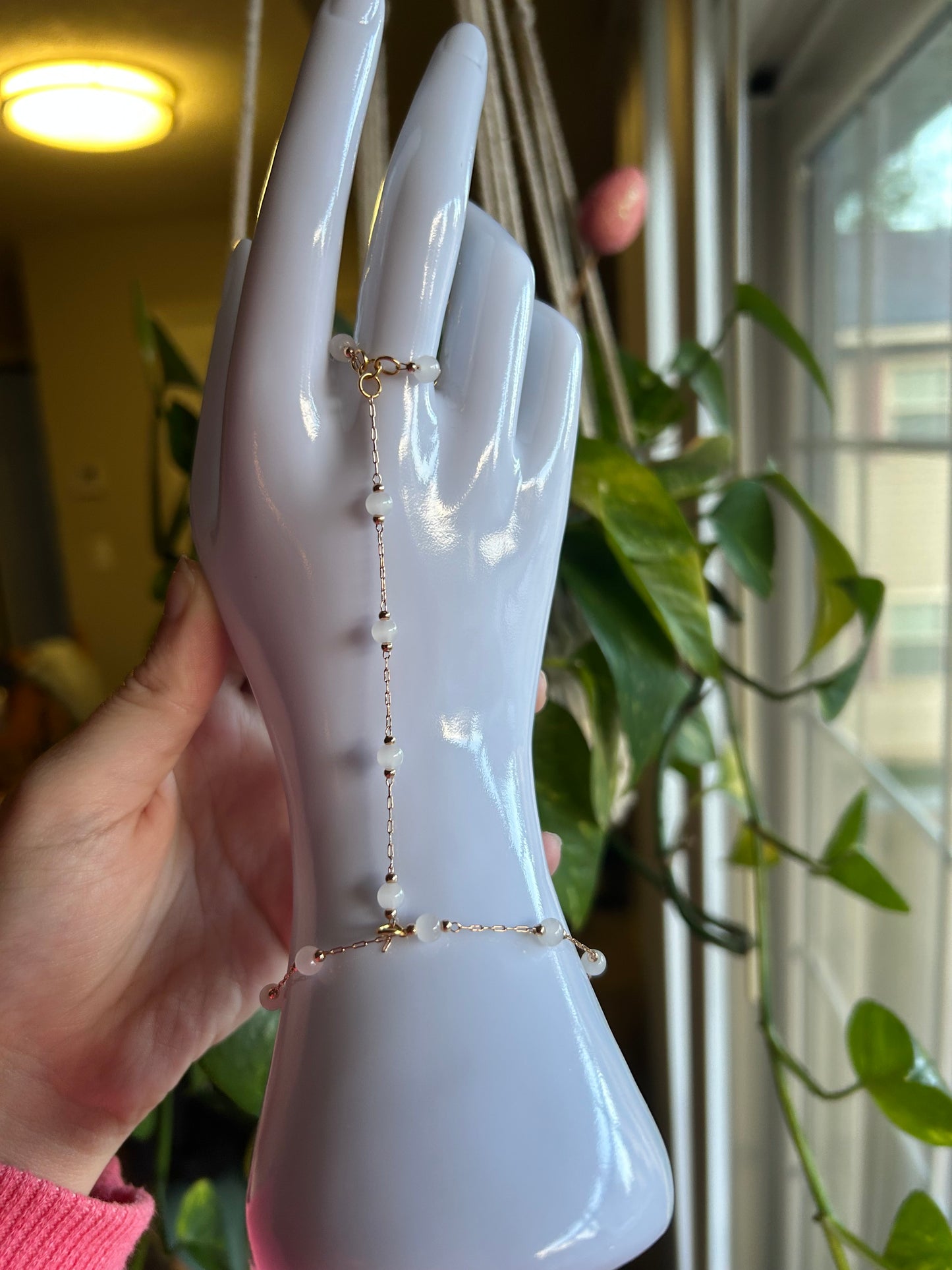 White Beaded Hand Chain (Gold)