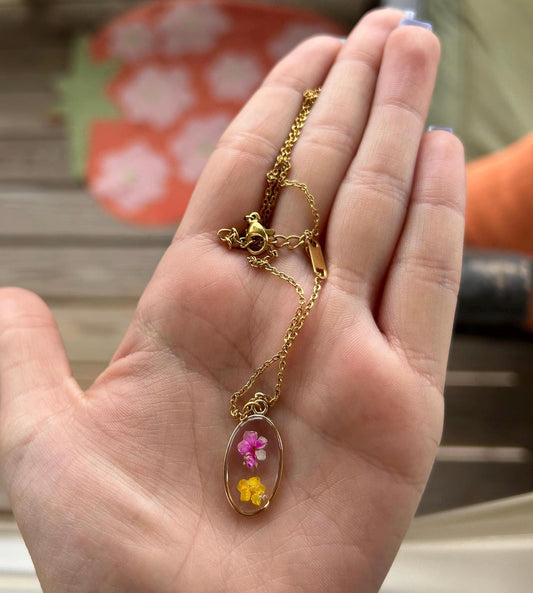 Pressed Flower 18” Gold Necklace - Purple & Yellow Flowers