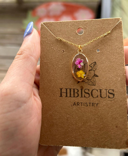 Pressed Flower 18” Gold Necklace - Purple & Yellow Flowers