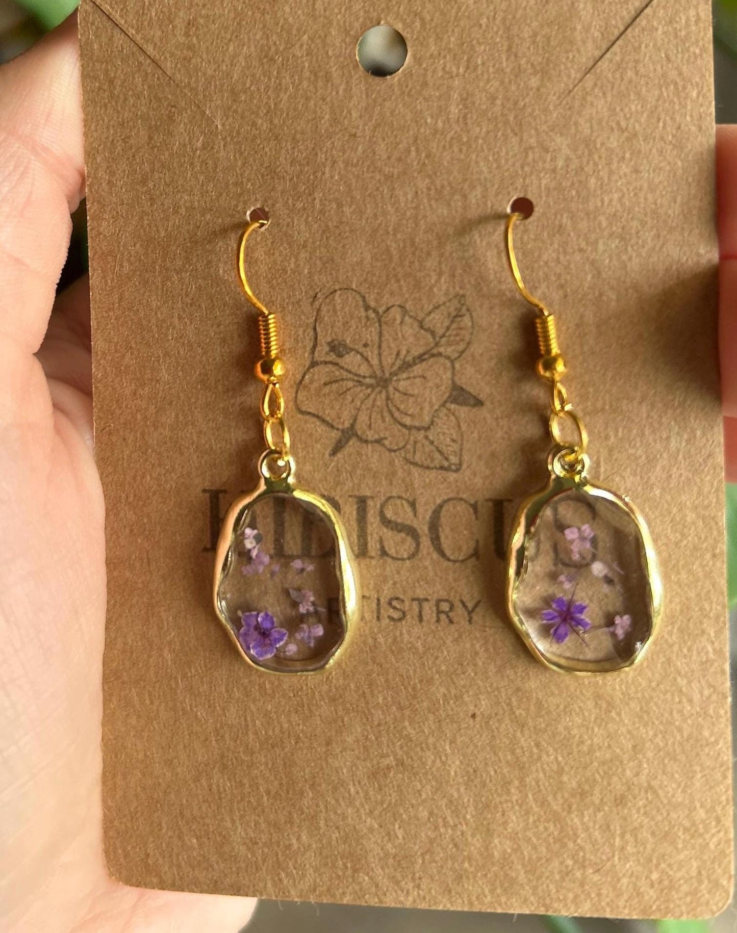 Pressed Flower Gold Earrings - Small Purple Flowers