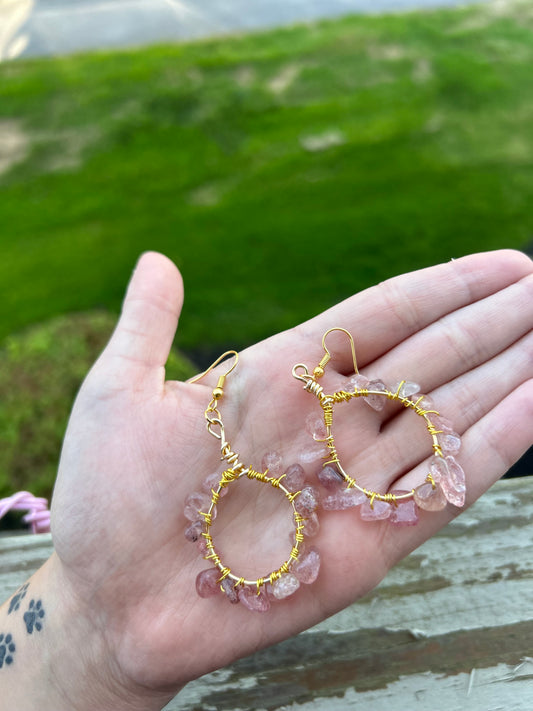 Gold Wire Wrapped Strawberry Quartz Hoop Earrings