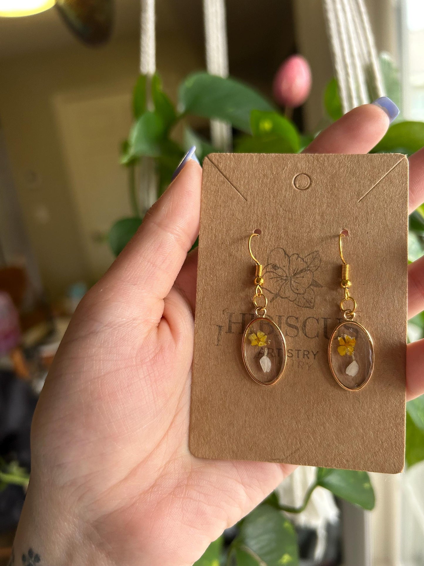 Pressed Flower Gold Earrings - Yellow & White Flowers