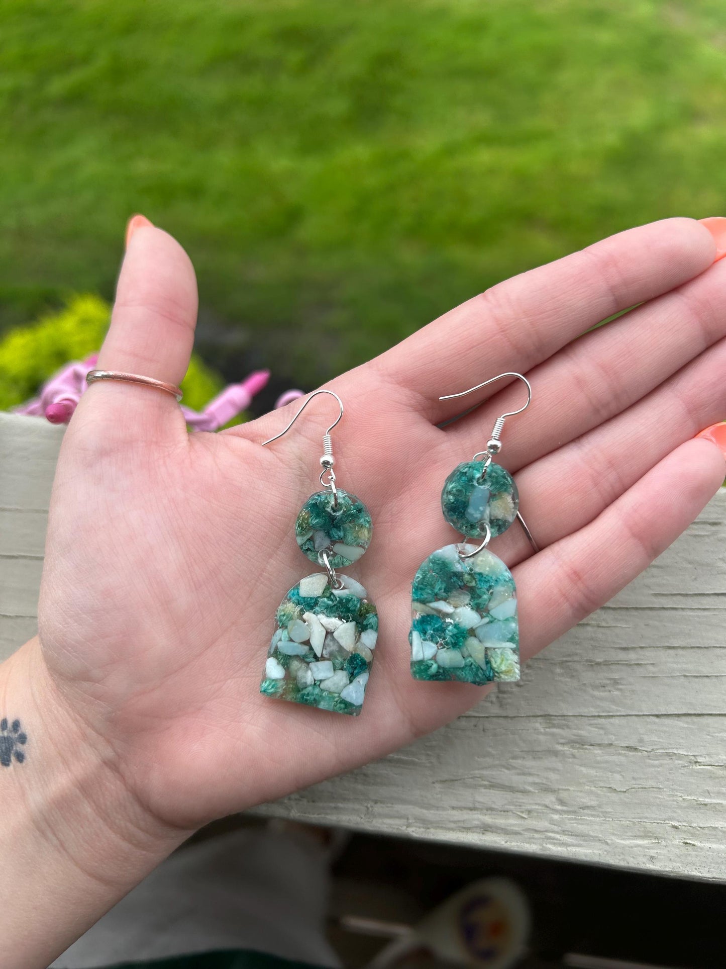 Drop Earrings - Amazonite Chips & Blue Florals