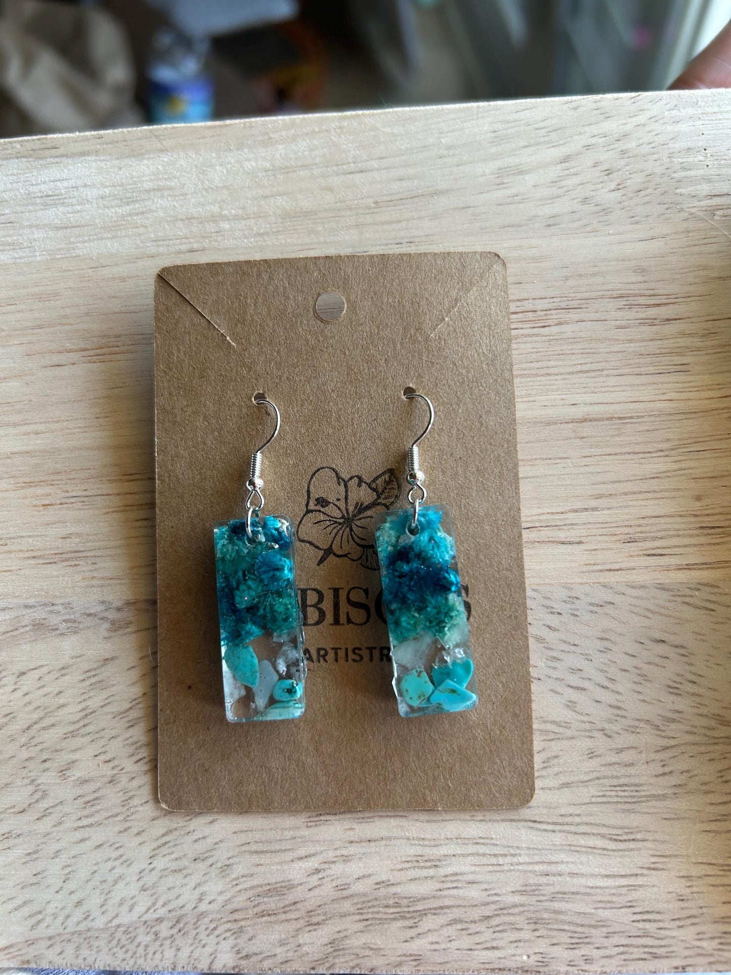 Pressed Flower Resin Earrings - Turquoise, Clear Quartz, Blue Flowers