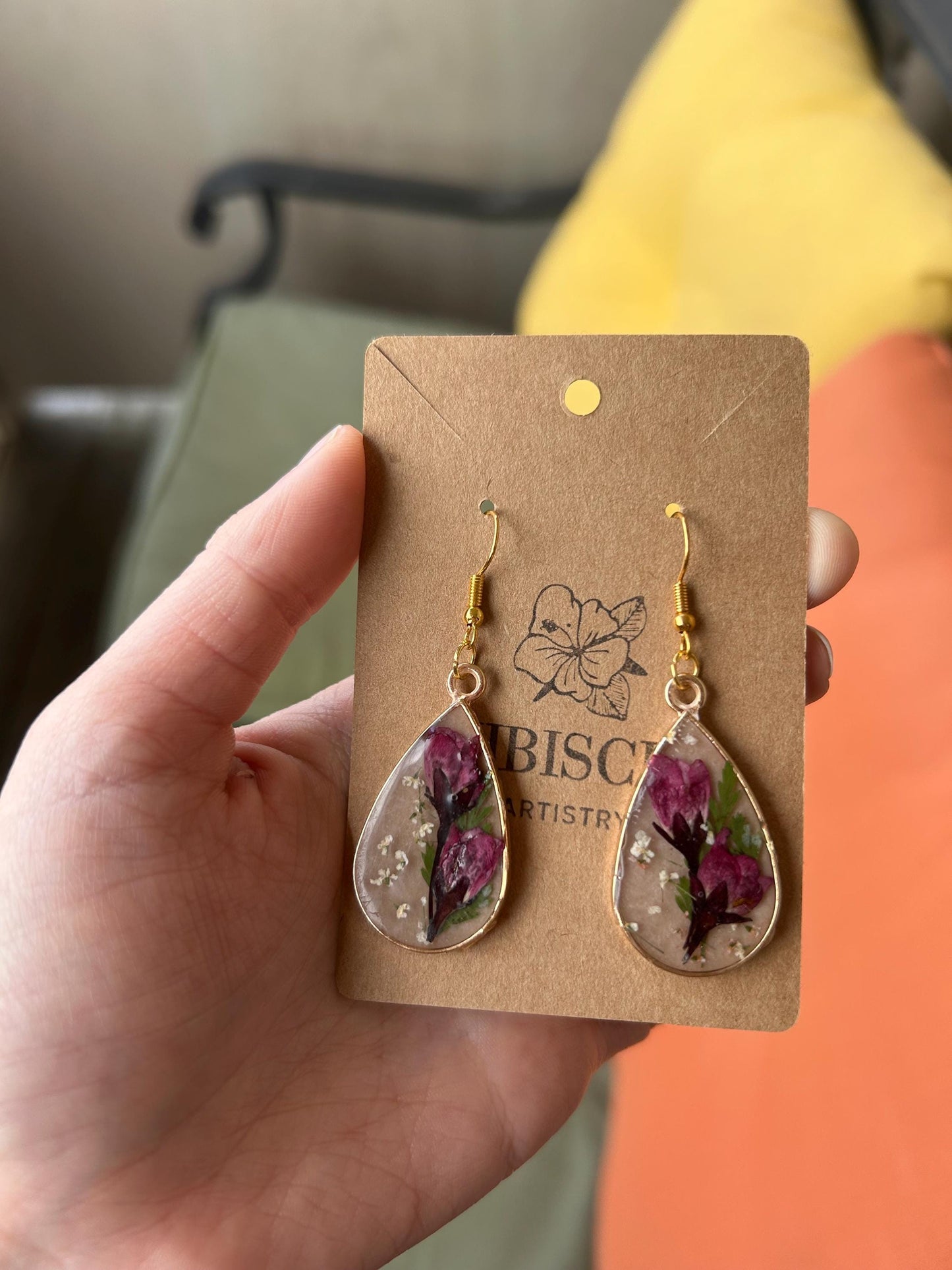 Resin Gold Earrings, Beige w/ Roses, White Lace Flowers