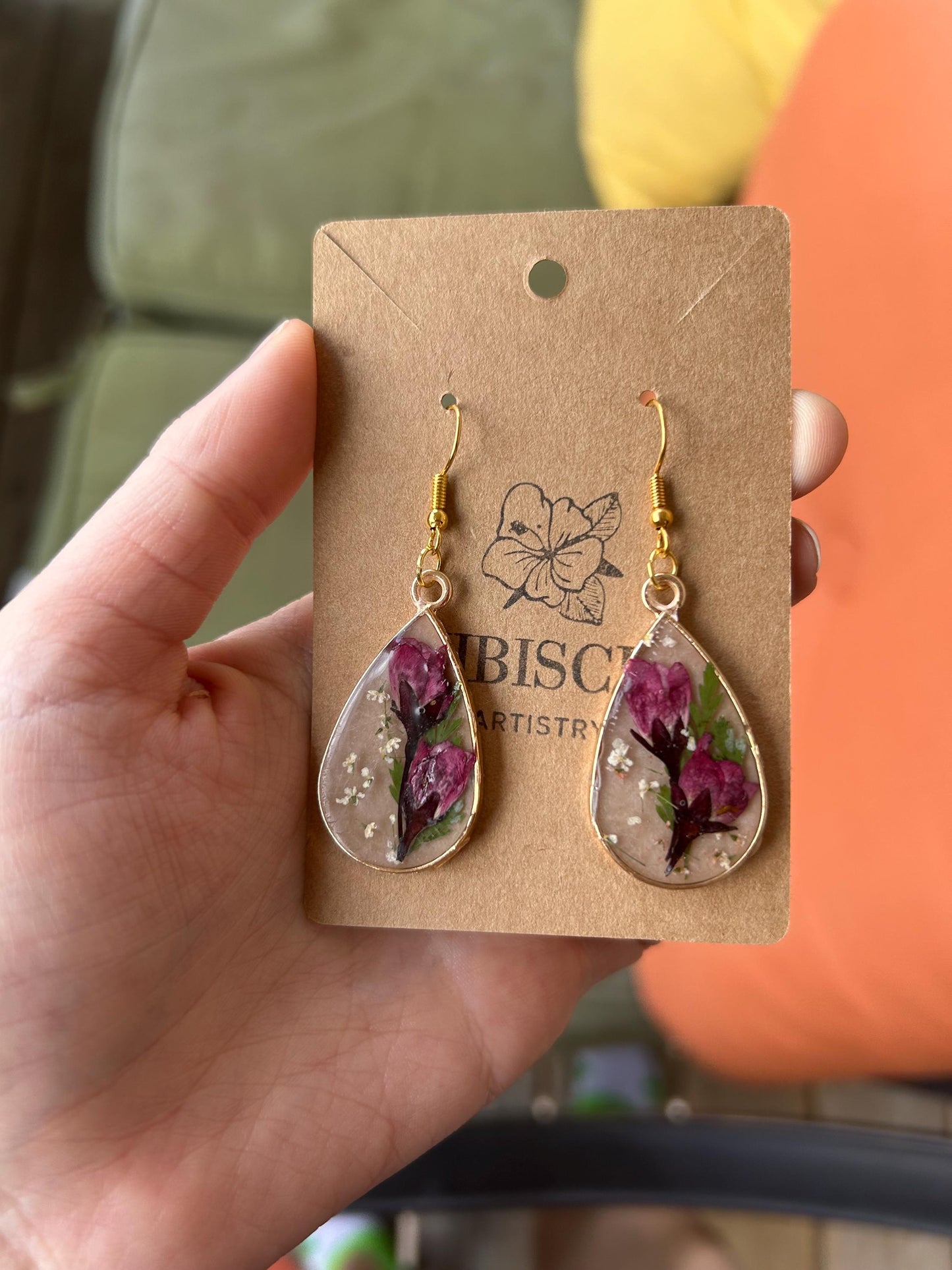 Resin Gold Earrings, Beige w/ Roses, White Lace Flowers