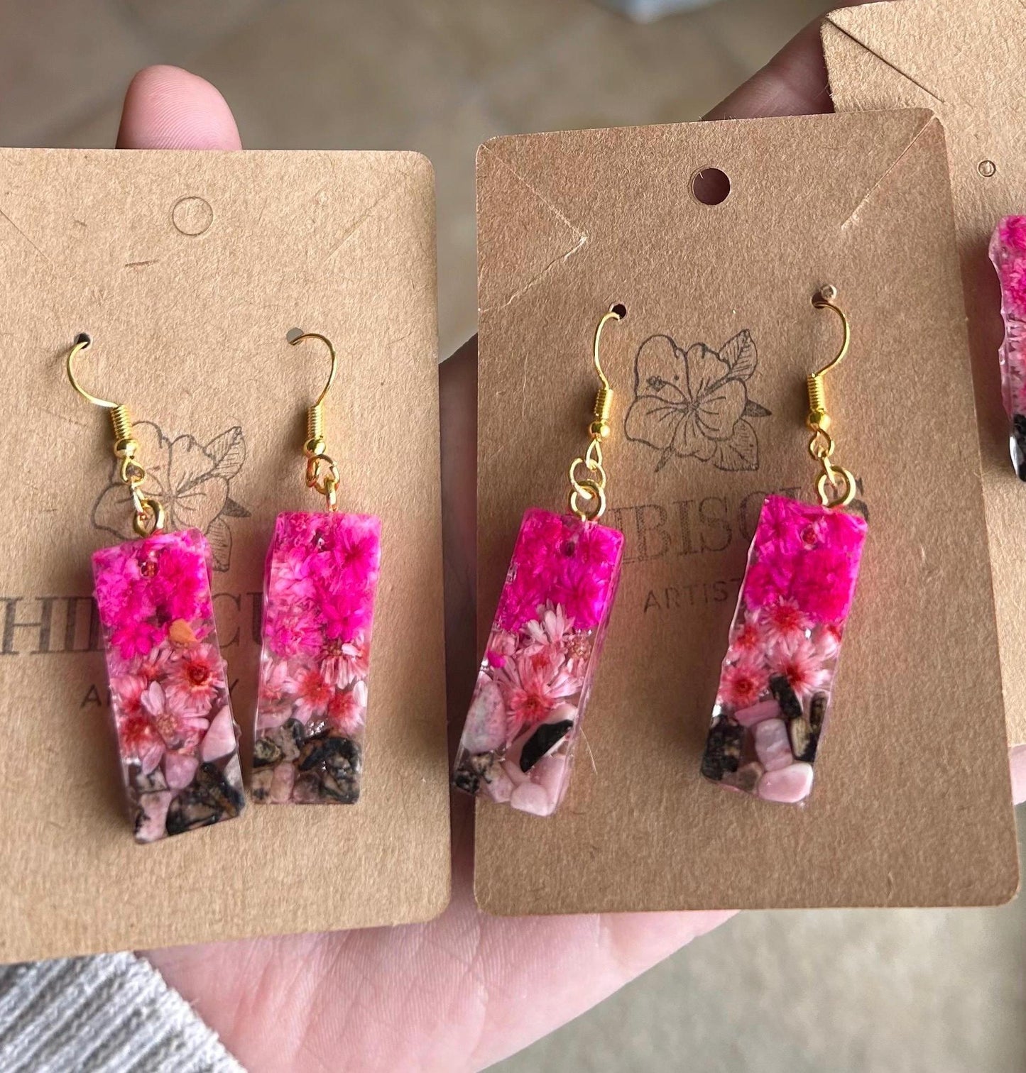 Resin Real Botanicals / Crystal Earrings - Pink Daisies and Rhodonite