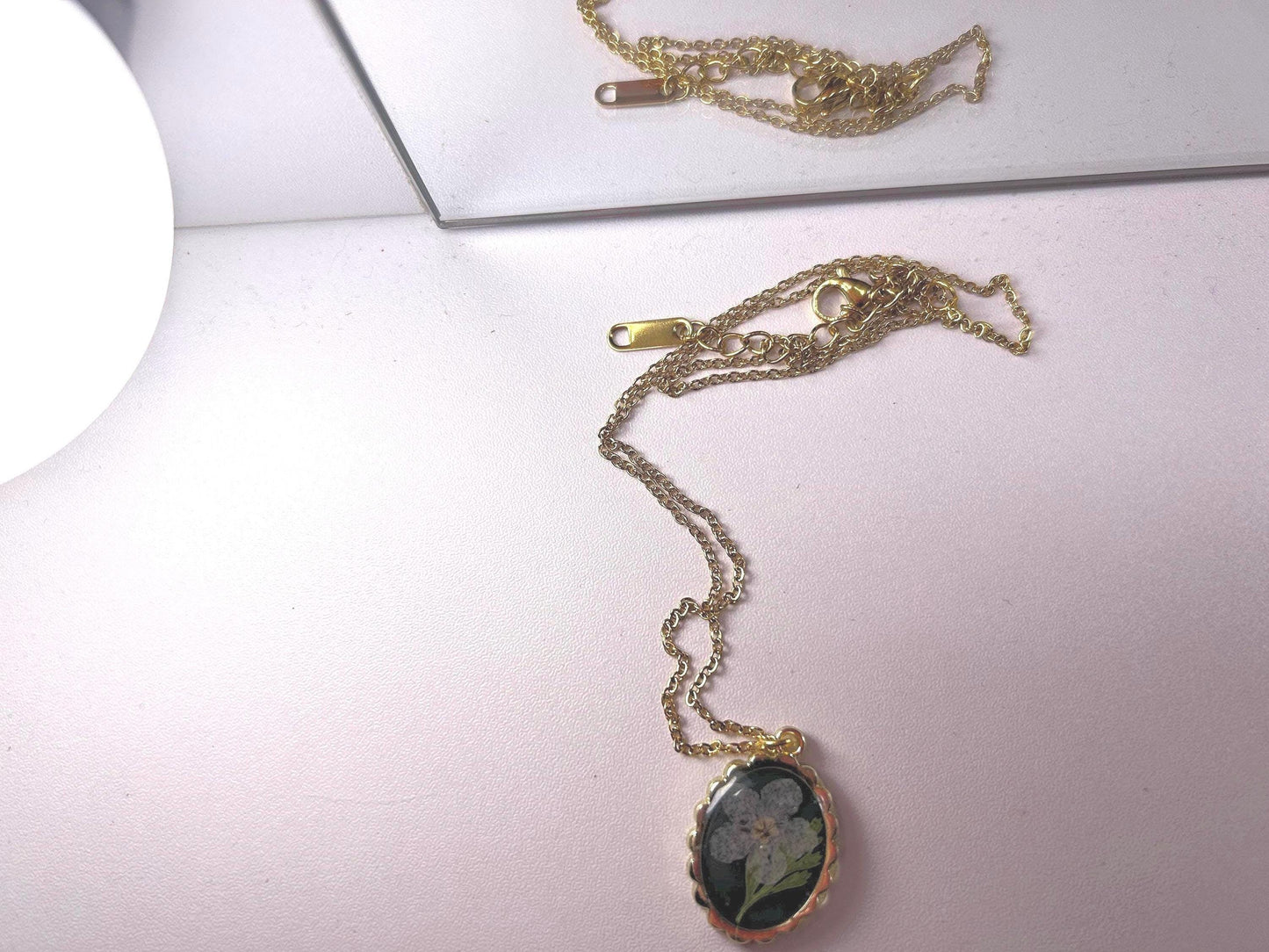 Resin Flower Necklace 18” Gold - Emerald Green Forget Me Not Necklace