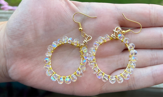 Gold Wire Wrapped Rainbow Iridescent Hoop Earrings