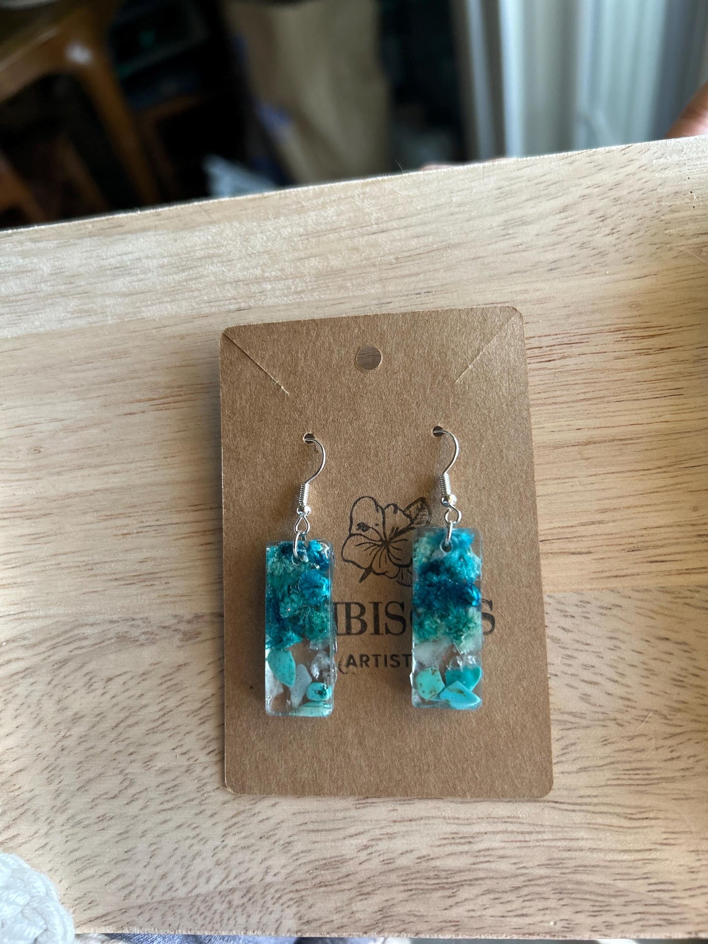 Pressed Flower Resin Earrings - Turquoise, Clear Quartz, Blue Flowers