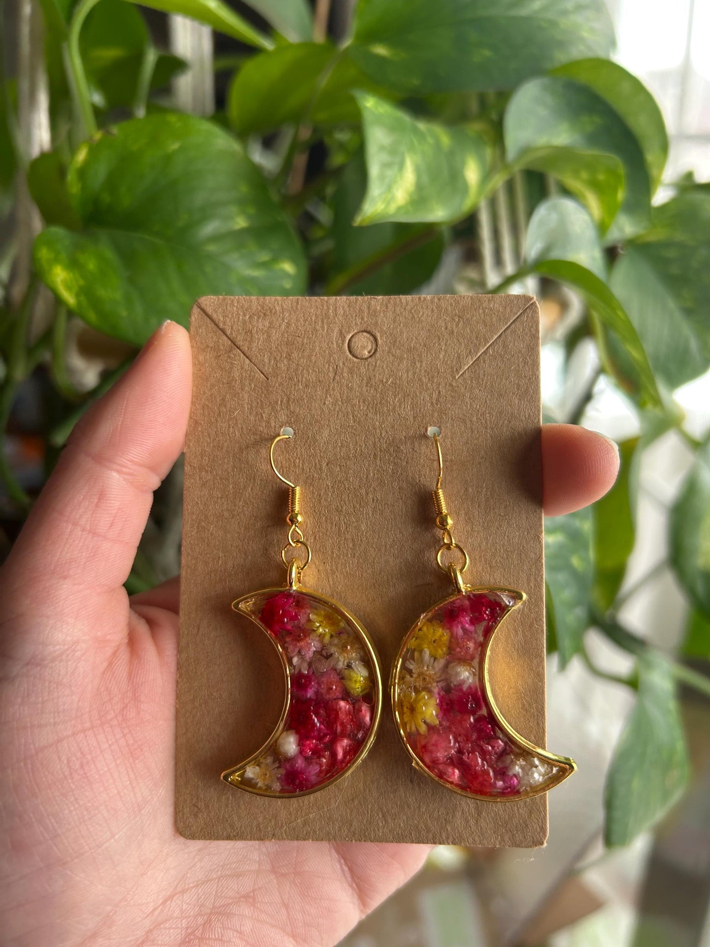 Dangle Crescent Earrings - Rainbow Daisies