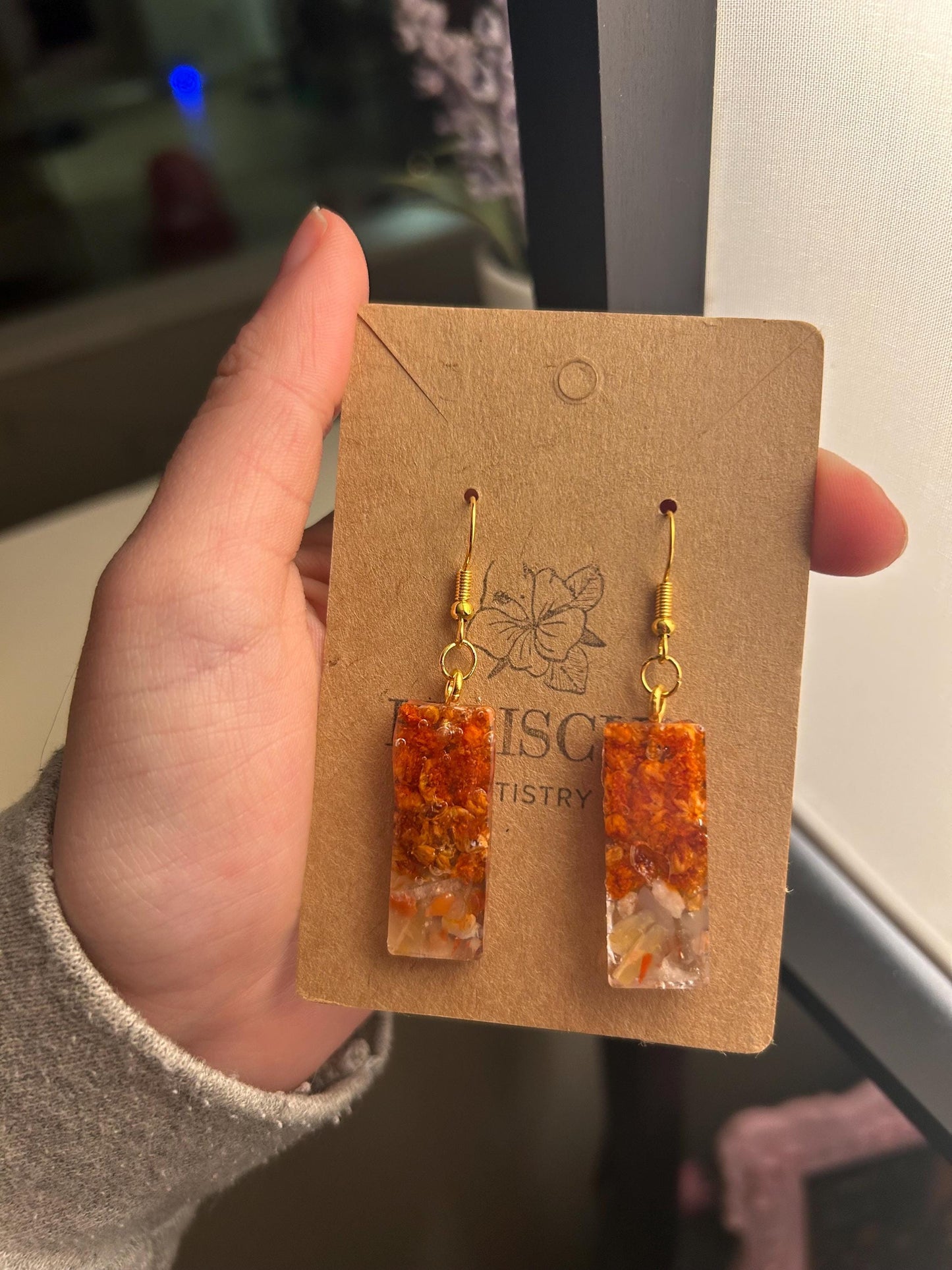 ResinCrystal & Flower Earrings - Red Aventurine, Orange Flowers