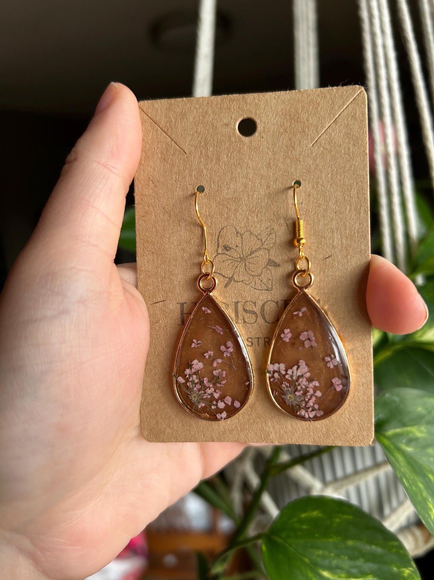Resin Gold / Brown Earrings - Pink Lace Flowers