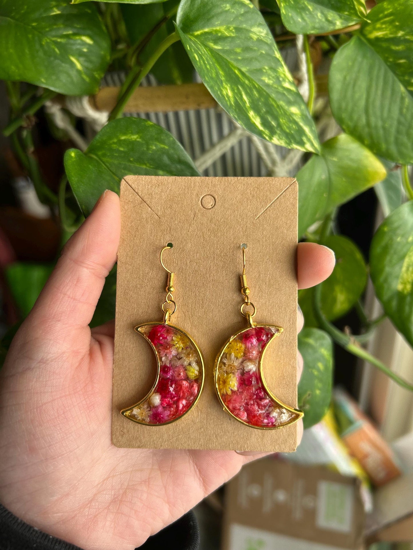 Dangle Crescent Earrings - Rainbow Daisies