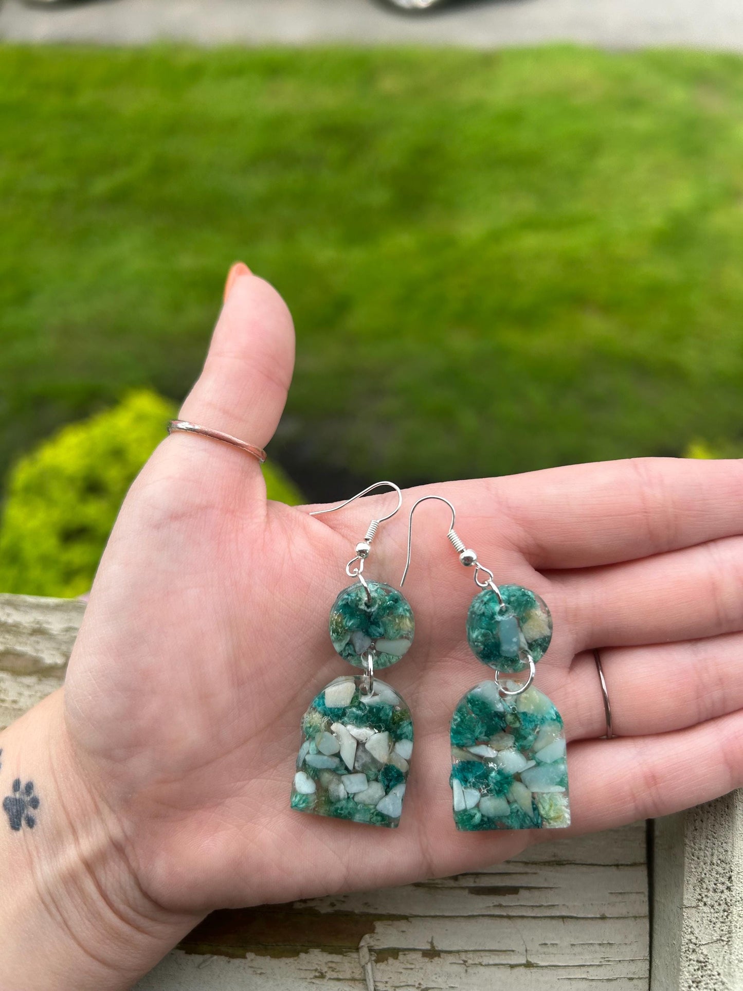 Drop Earrings - Amazonite Chips & Blue Florals