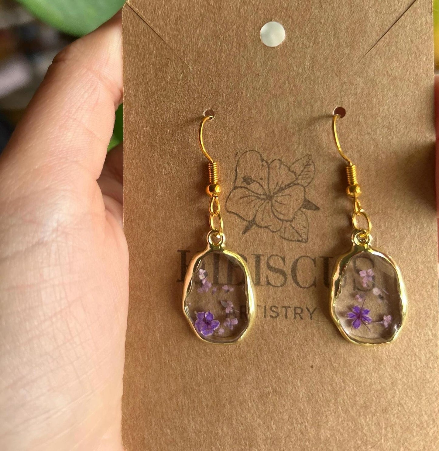 Pressed Flower Gold Earrings - Small Purple Flowers