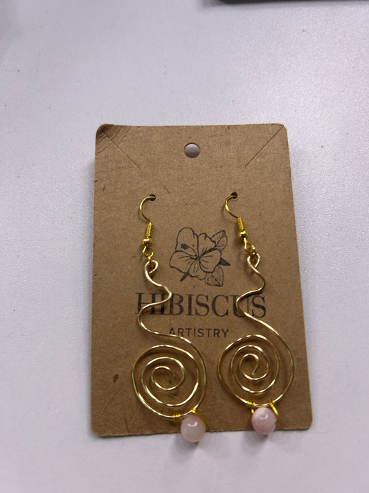 Gold Wire Spiral Earrings - Watermelon Quartz (Pink)