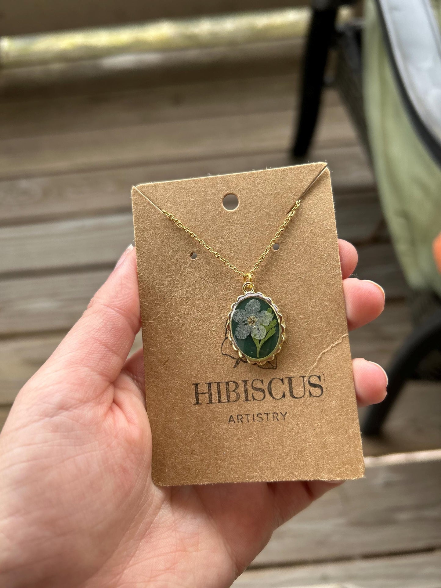 Resin Flower Necklace 18” Gold - Emerald Green Forget Me Not Necklace