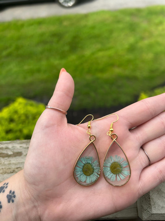 Pressed Flower Gold Earrings - Light Blue Flowers