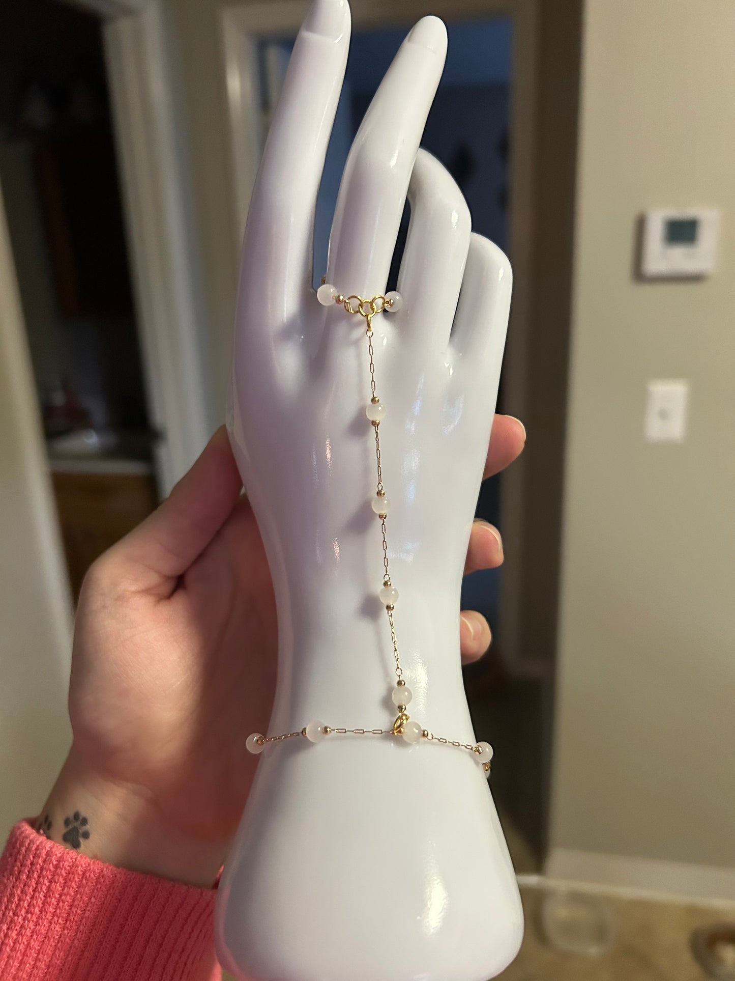 White Beaded Hand Chain (Gold)
