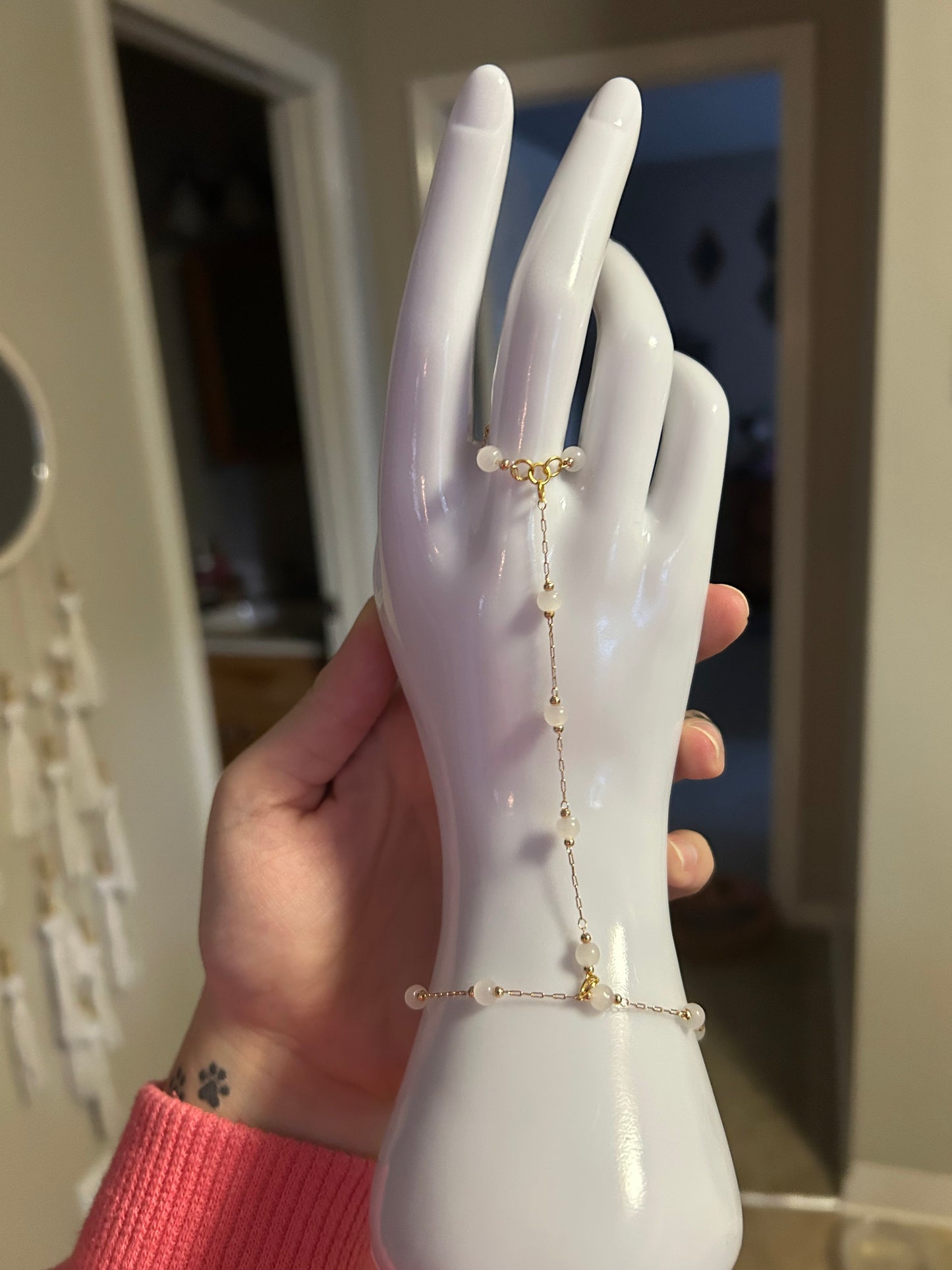 White Beaded Hand Chain (Gold)