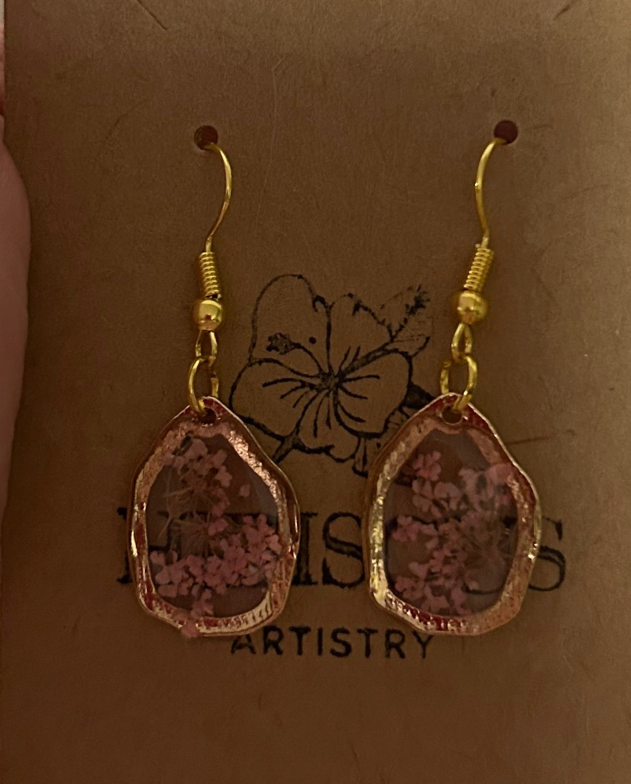 Small Gold Drop Earrings - Pink Floral