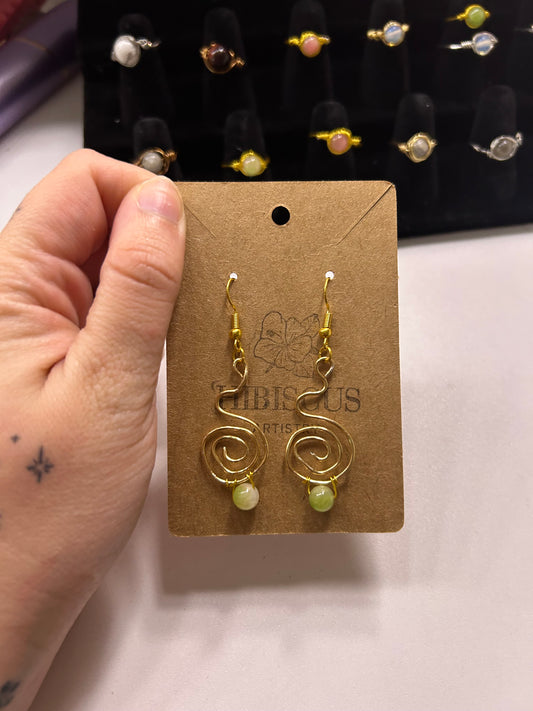 Gold Spiral Earrings - Watermelon Quartz (Green)