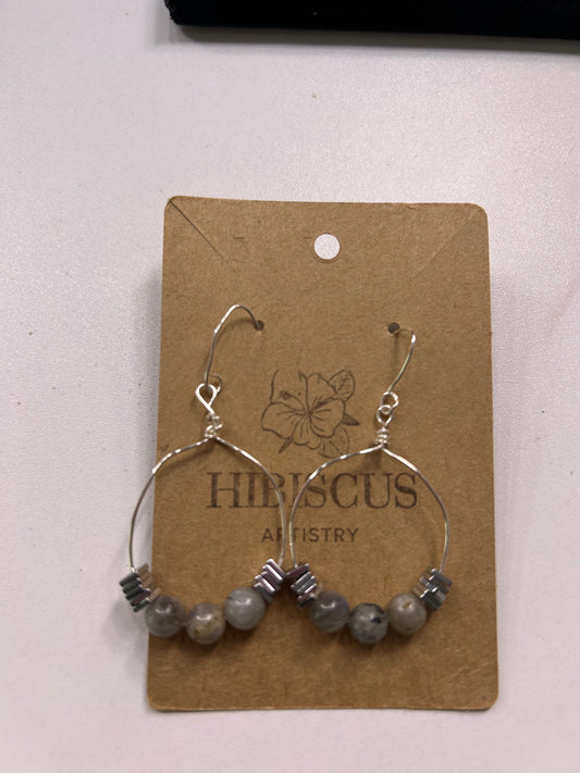 Silver Wire Wrapped Hoops - Labradorite