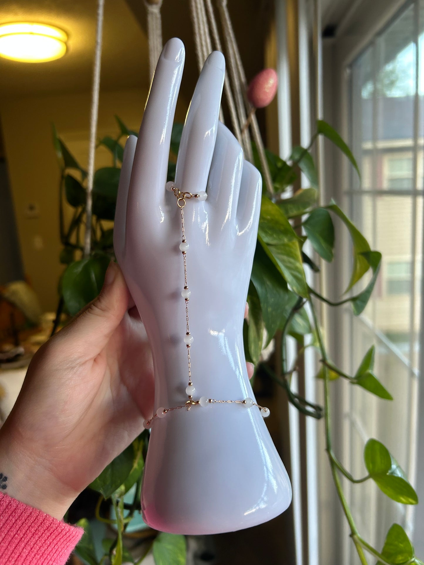 White Beaded Hand Chain (Gold)