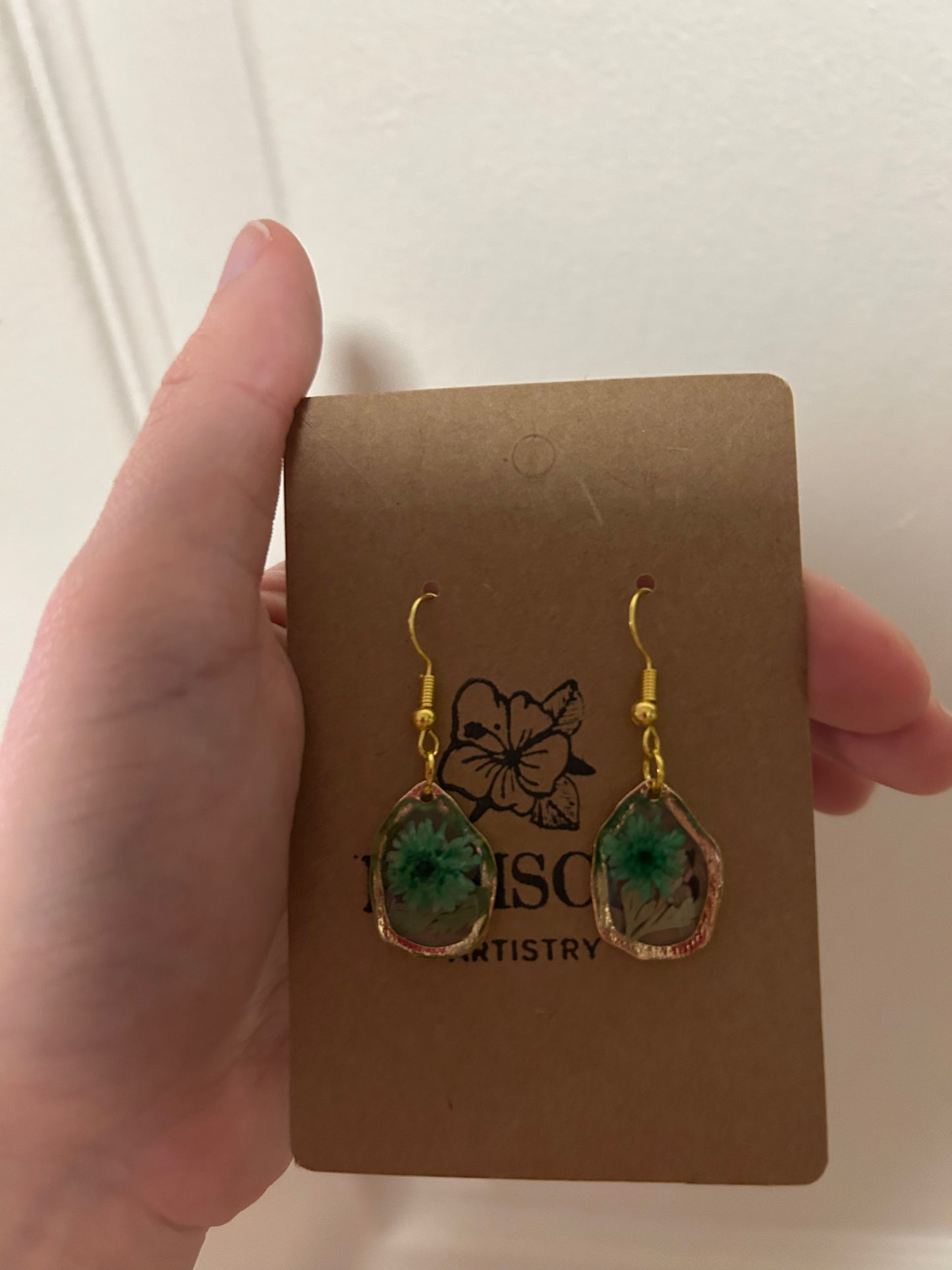 Small Gold Drop Earrings - Blue Florals