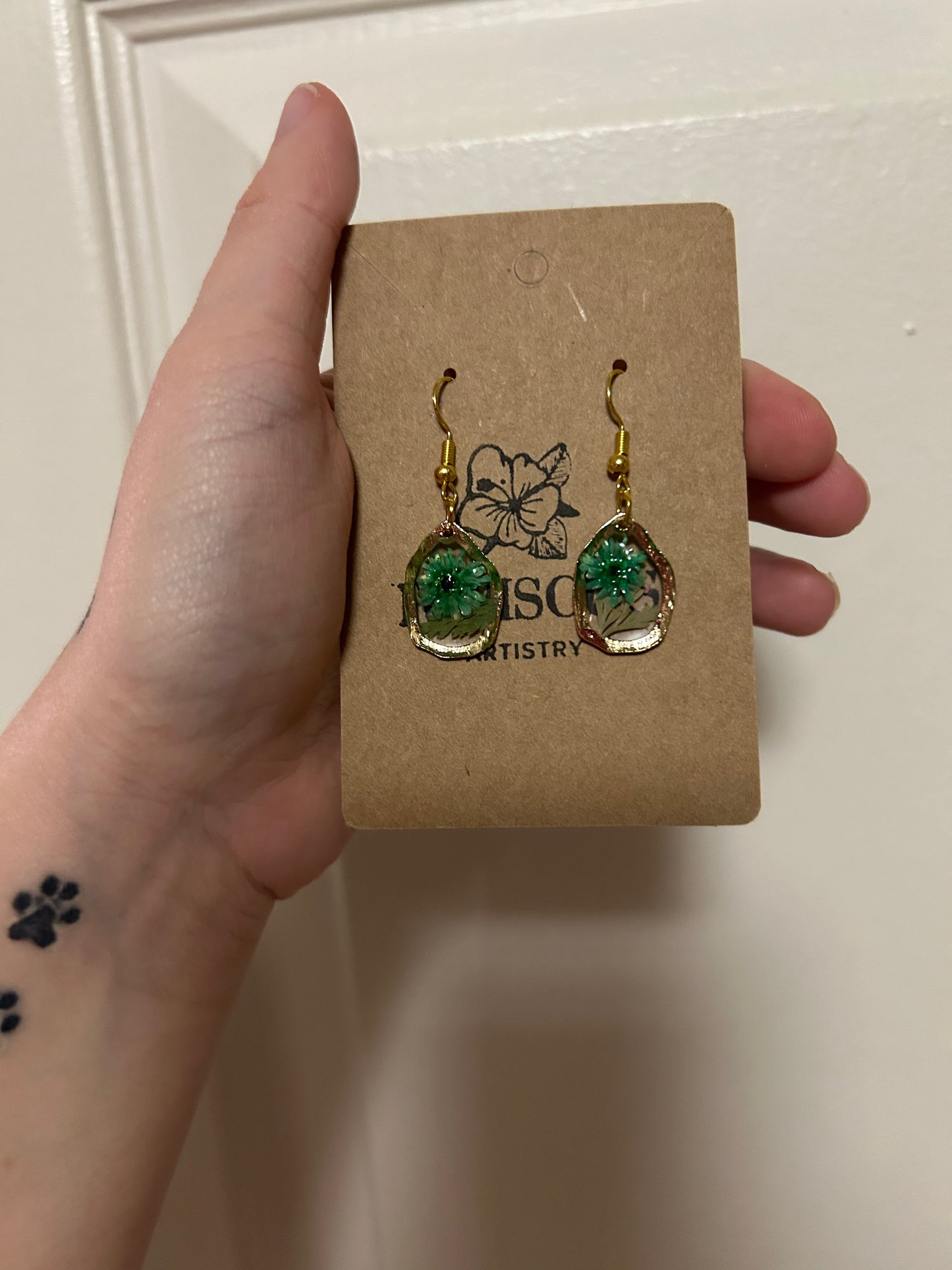 Small Gold Drop Earrings - Blue Florals