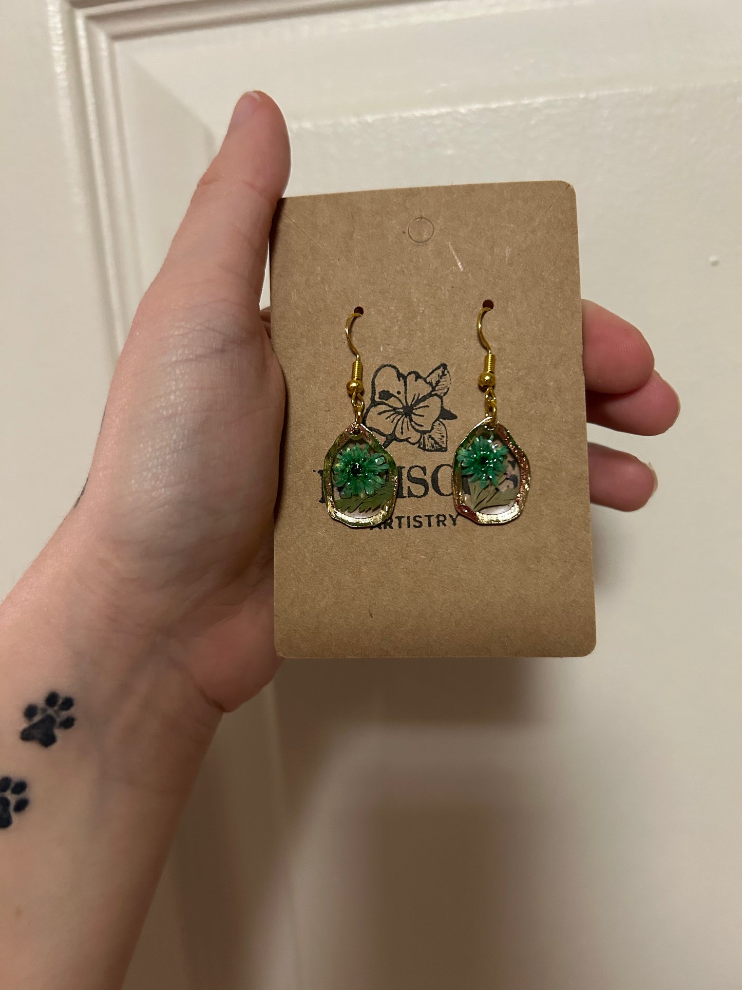 Small Gold Drop Earrings - Blue Florals