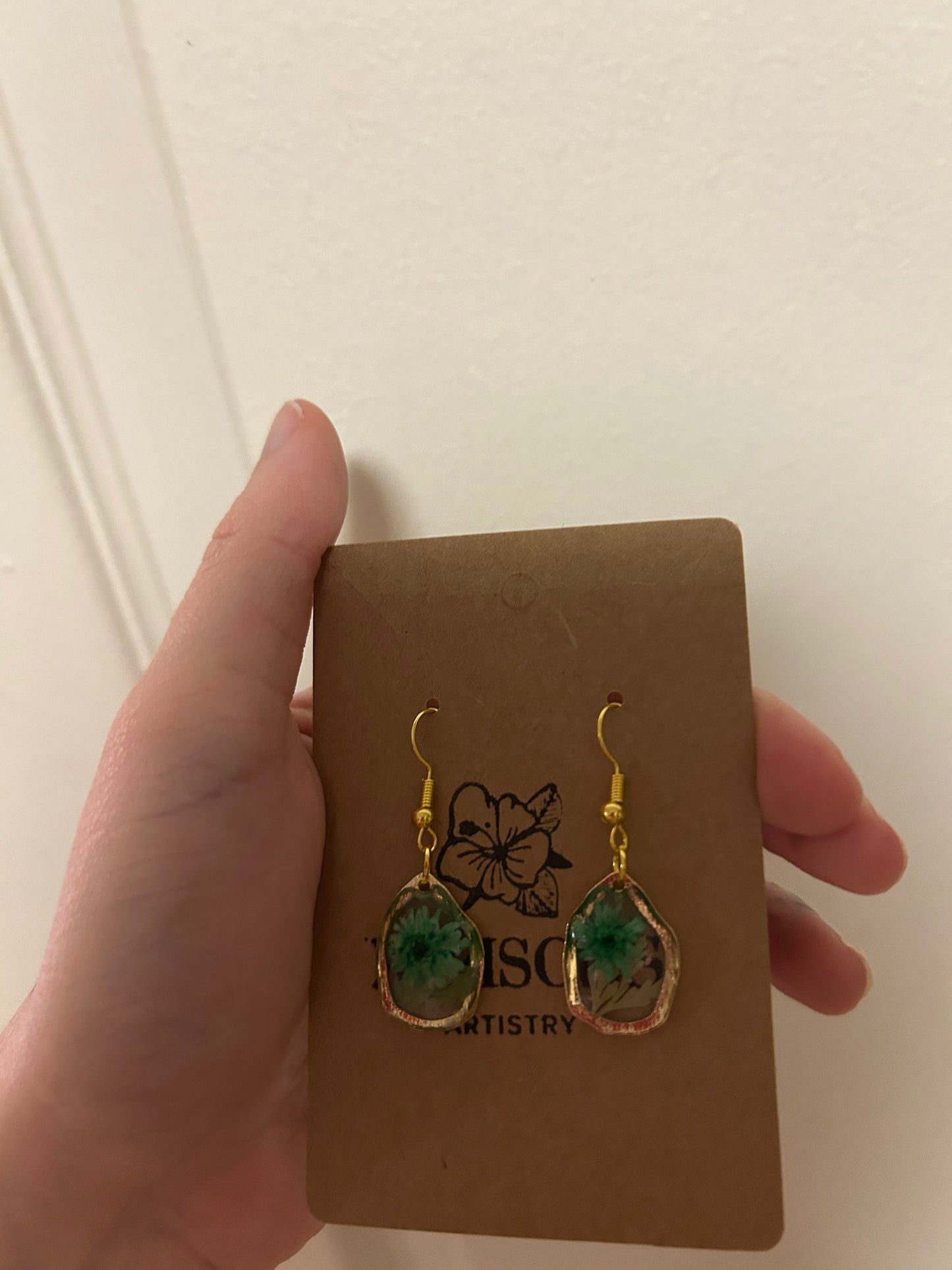 Small Gold Drop Earrings - Blue Florals