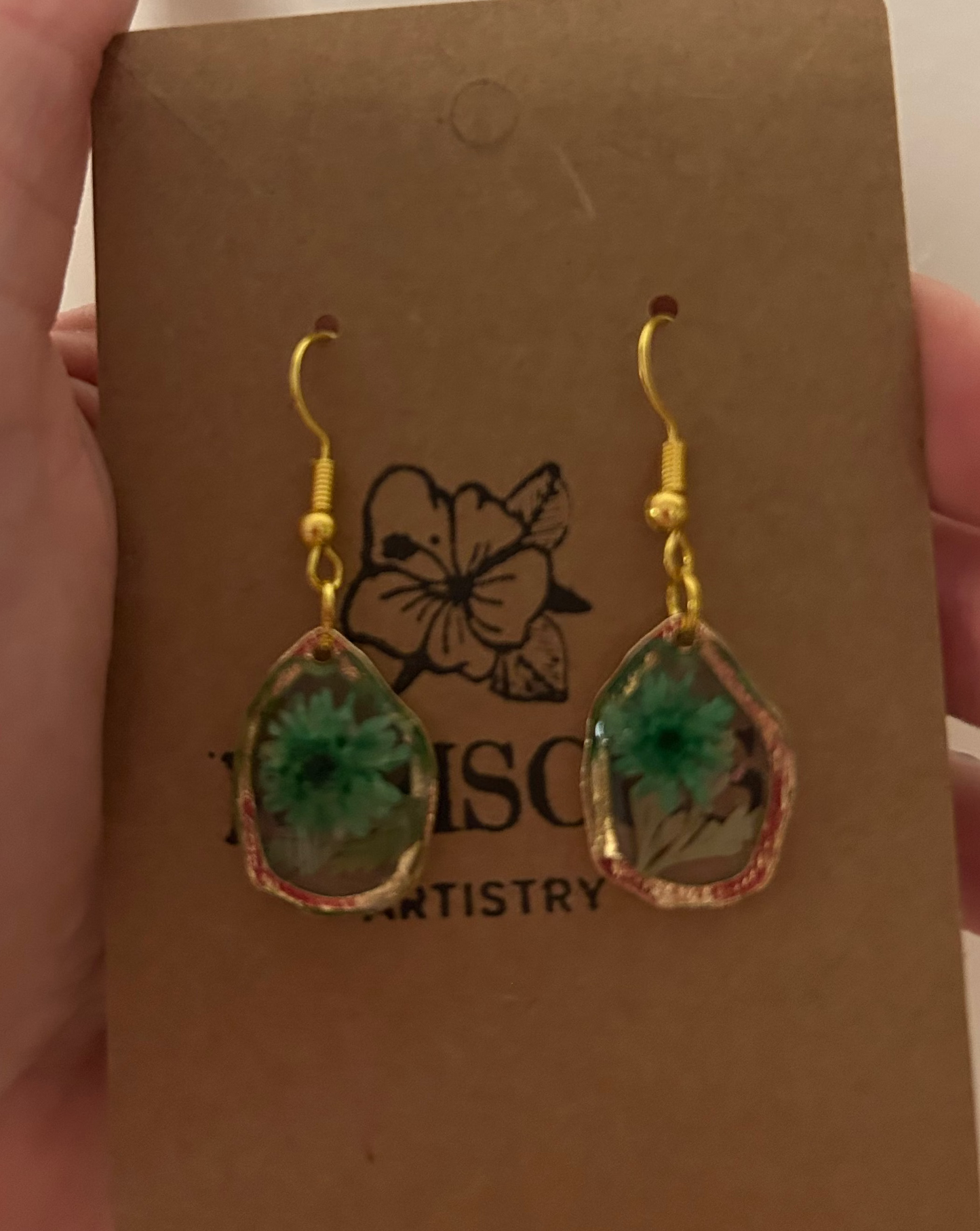 Small Gold Drop Earrings - Blue Florals