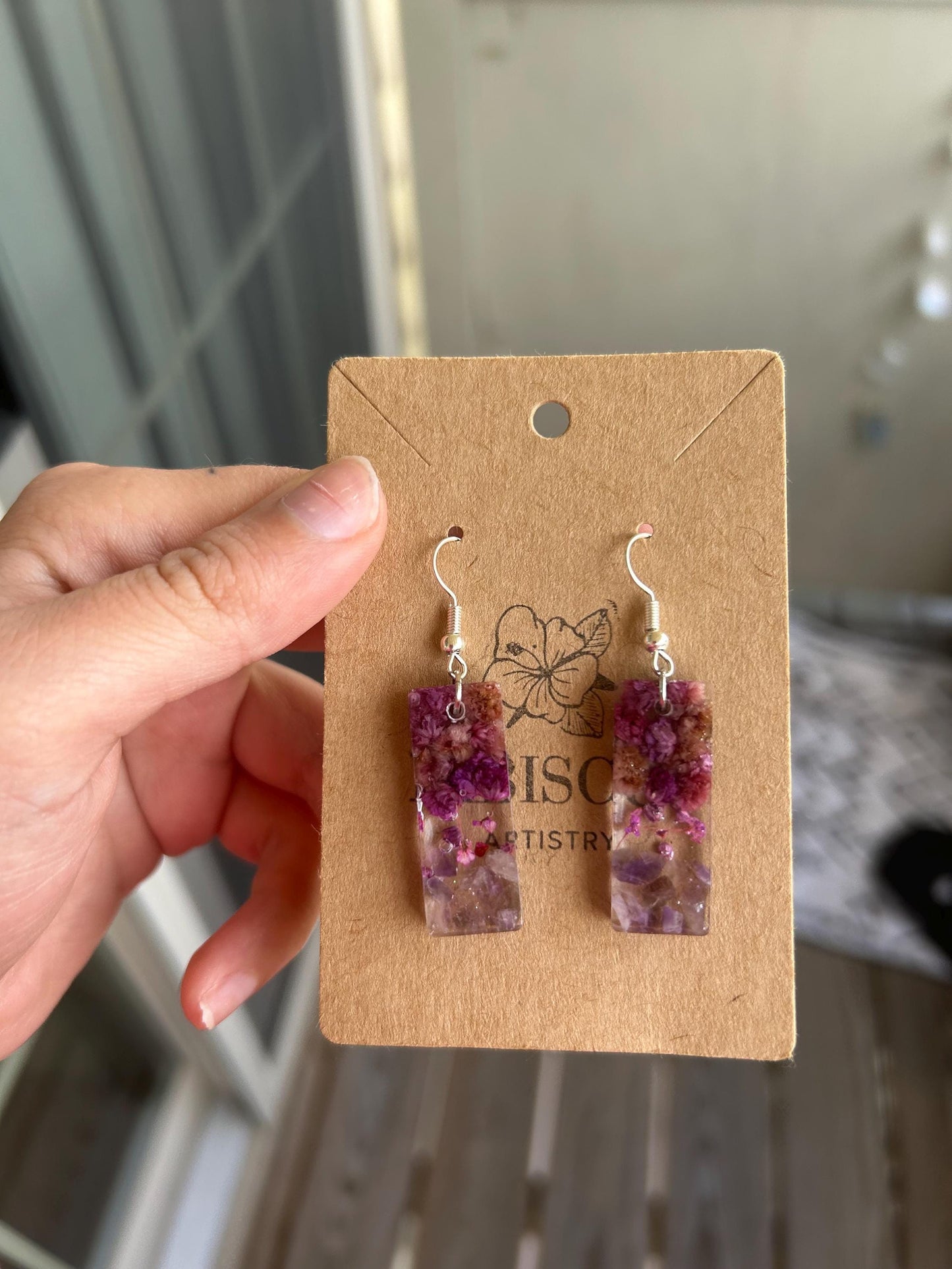 Pressed Flower Earrings - Amethyst and Purple Flowers