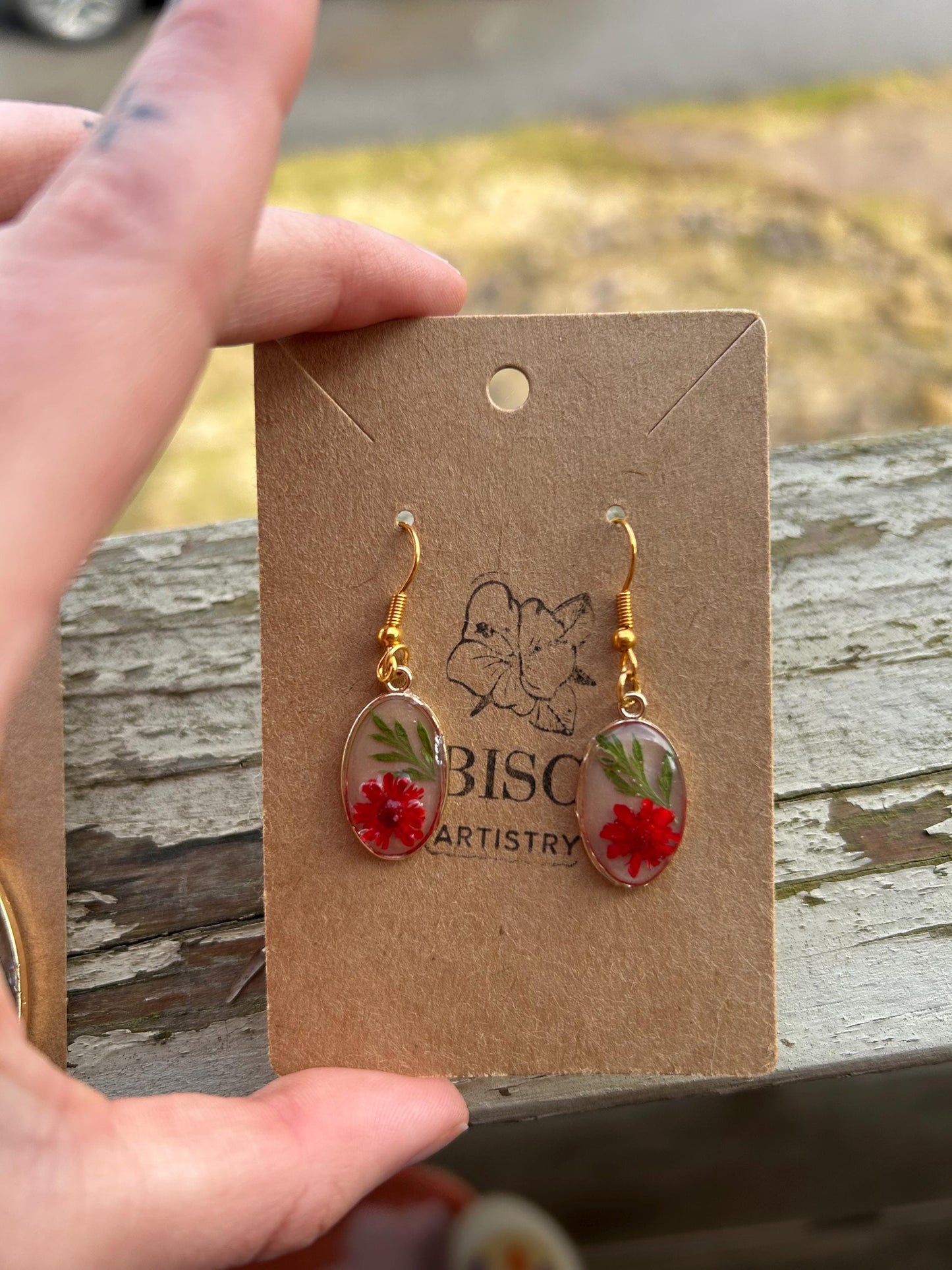Pressed Red Daisy, Fern Earrings