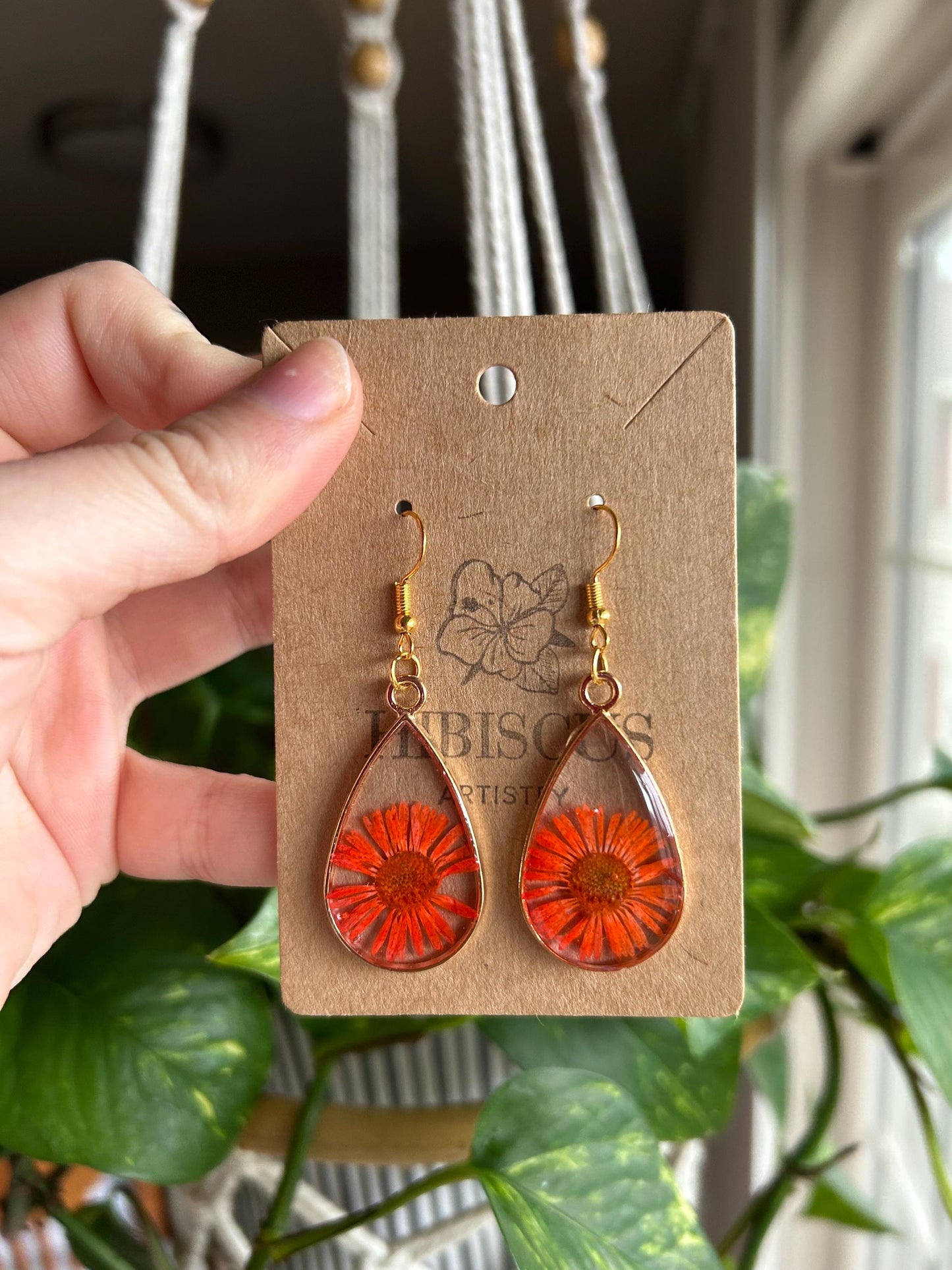 Gold Drop Earrings - Orange Daisies