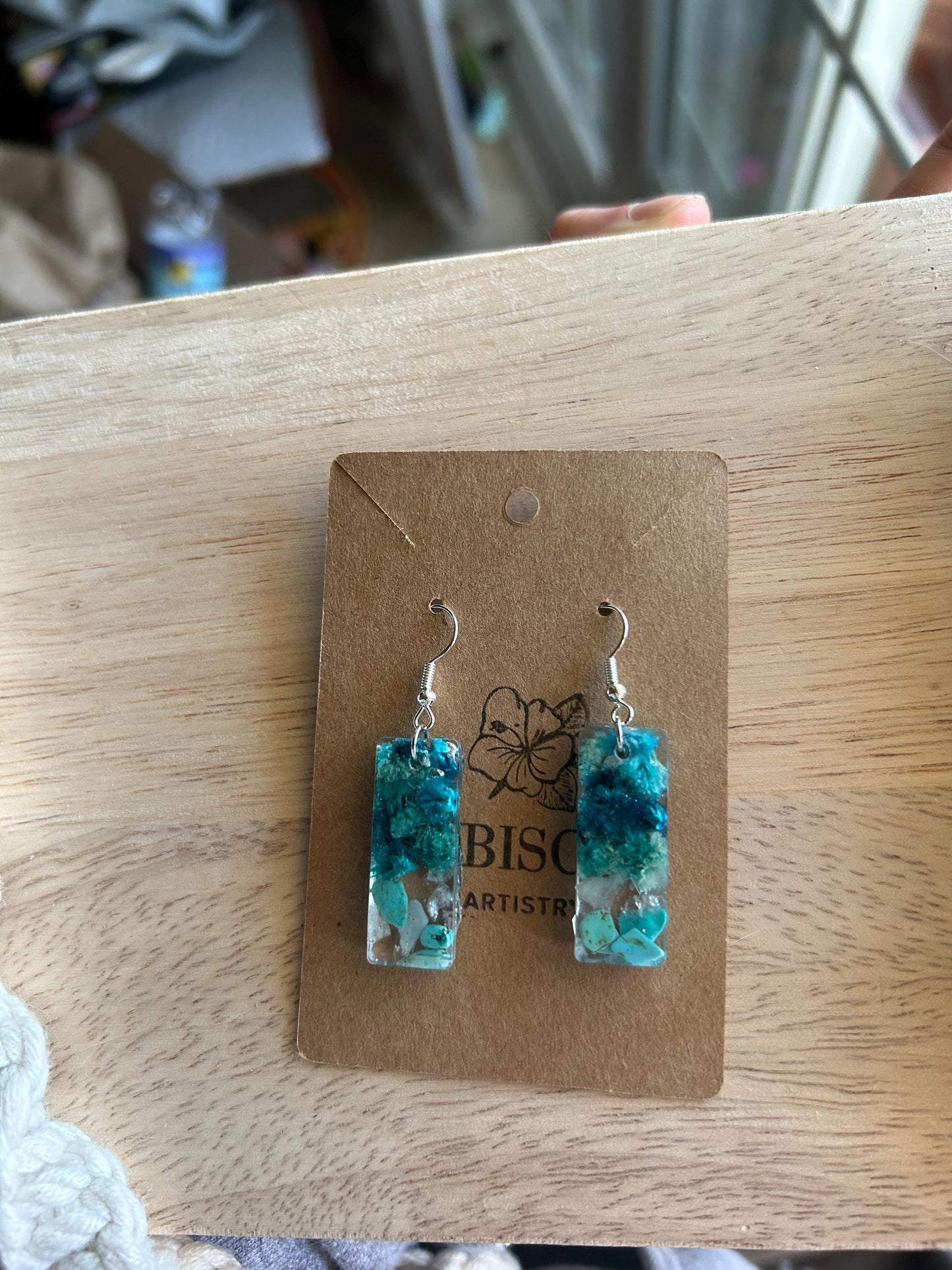 Pressed Flower Resin Earrings - Turquoise, Clear Quartz, Blue Flowers