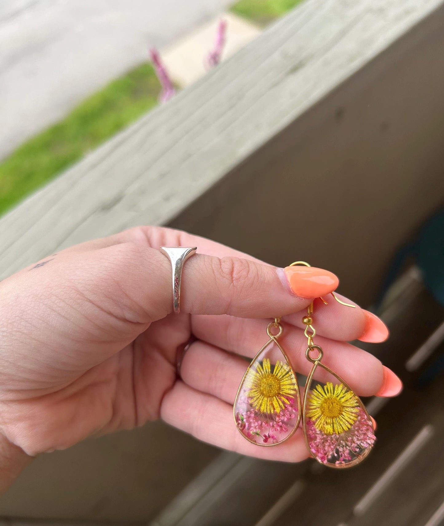 Pressed Flower Gold Earrings - Yellow/Pink Flowers