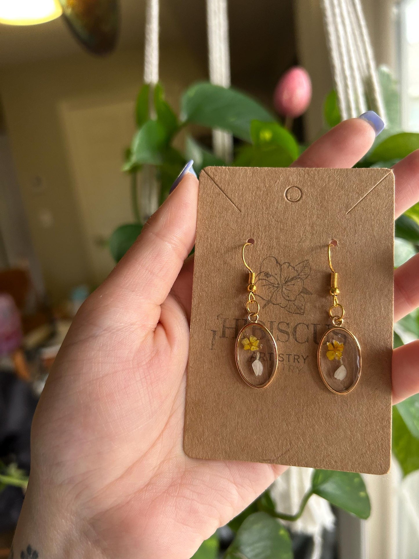 Pressed Flower Gold Earrings - Yellow & White Flowers