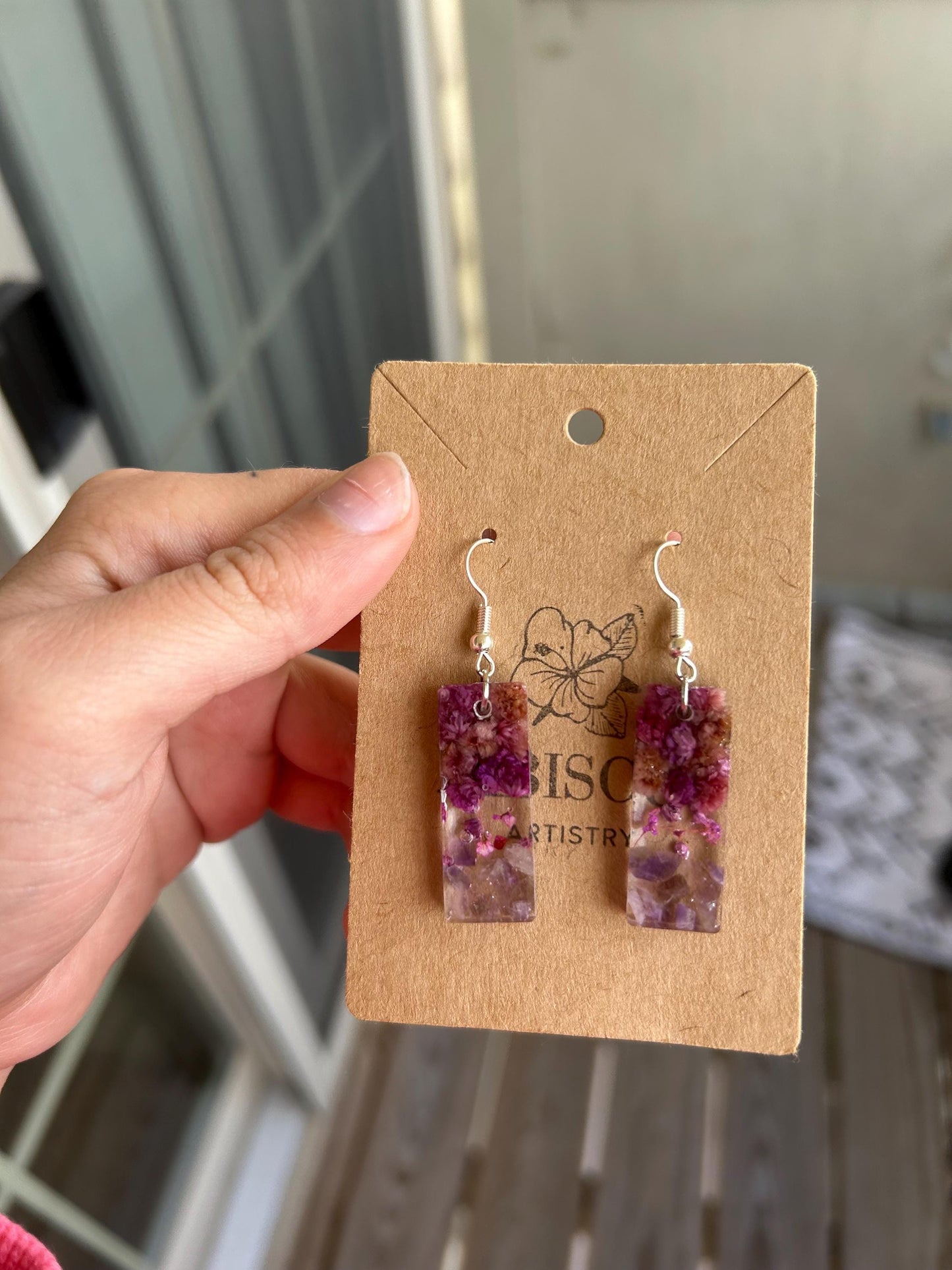 Pressed Flower Earrings - Amethyst and Purple Flowers