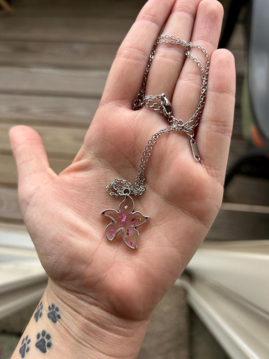 Pressed Flower 18” Silver Necklace - Starfish w/ Multicolor Flowers