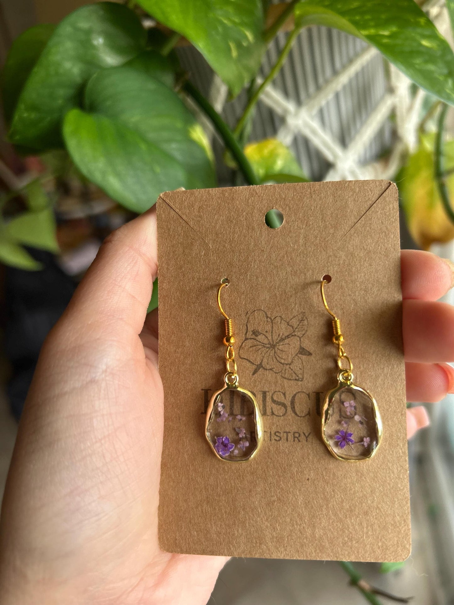 Pressed Flower Gold Earrings - Small Purple Flowers