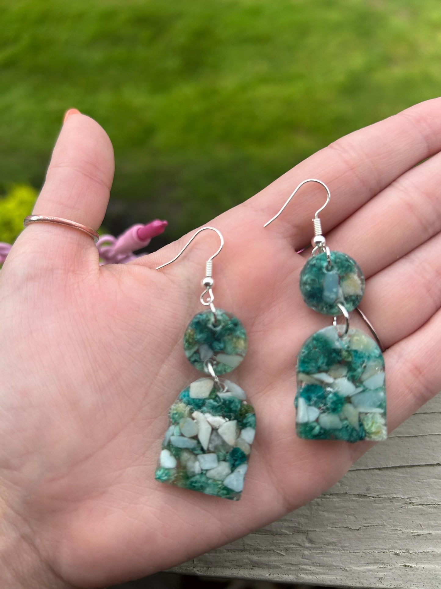 Drop Earrings - Amazonite Chips & Blue Florals