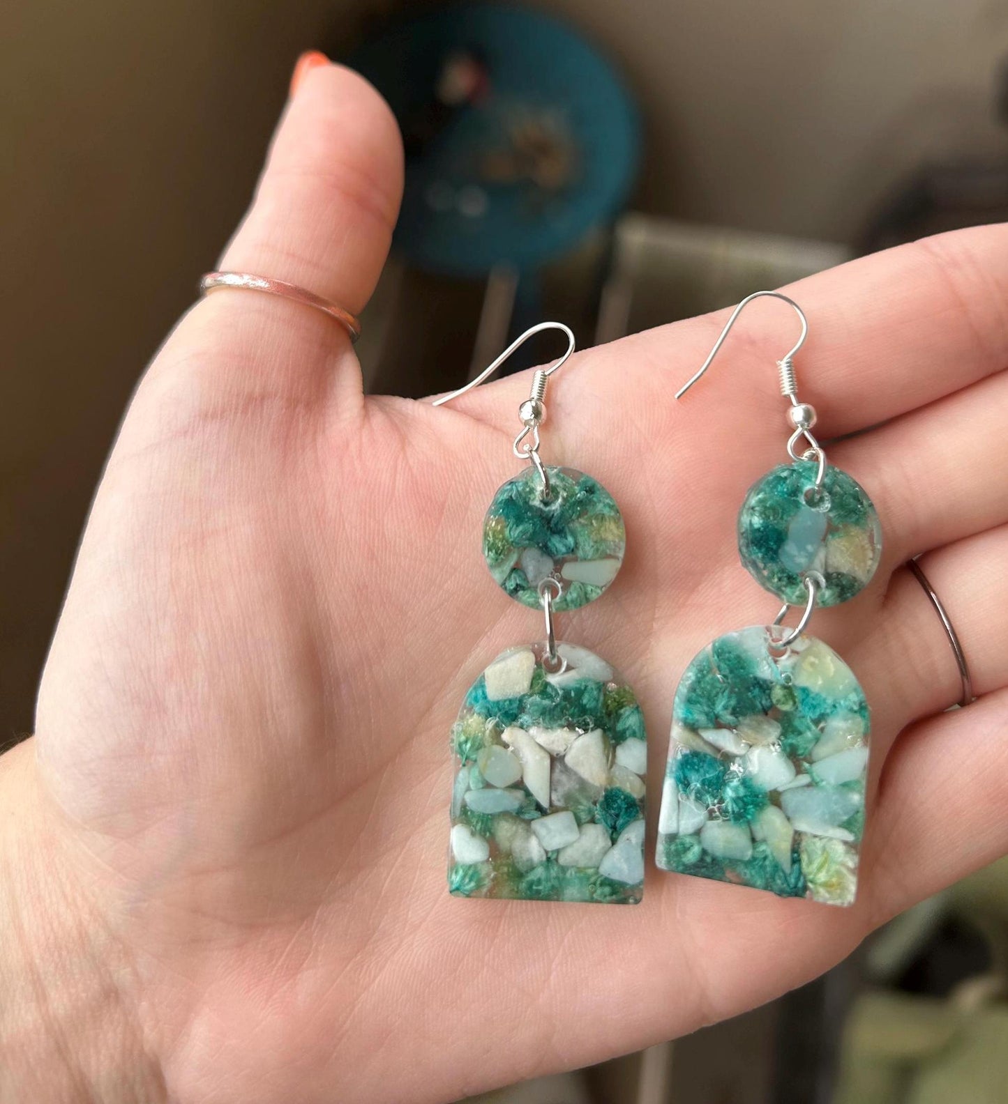 Drop Earrings - Amazonite Chips & Blue Florals