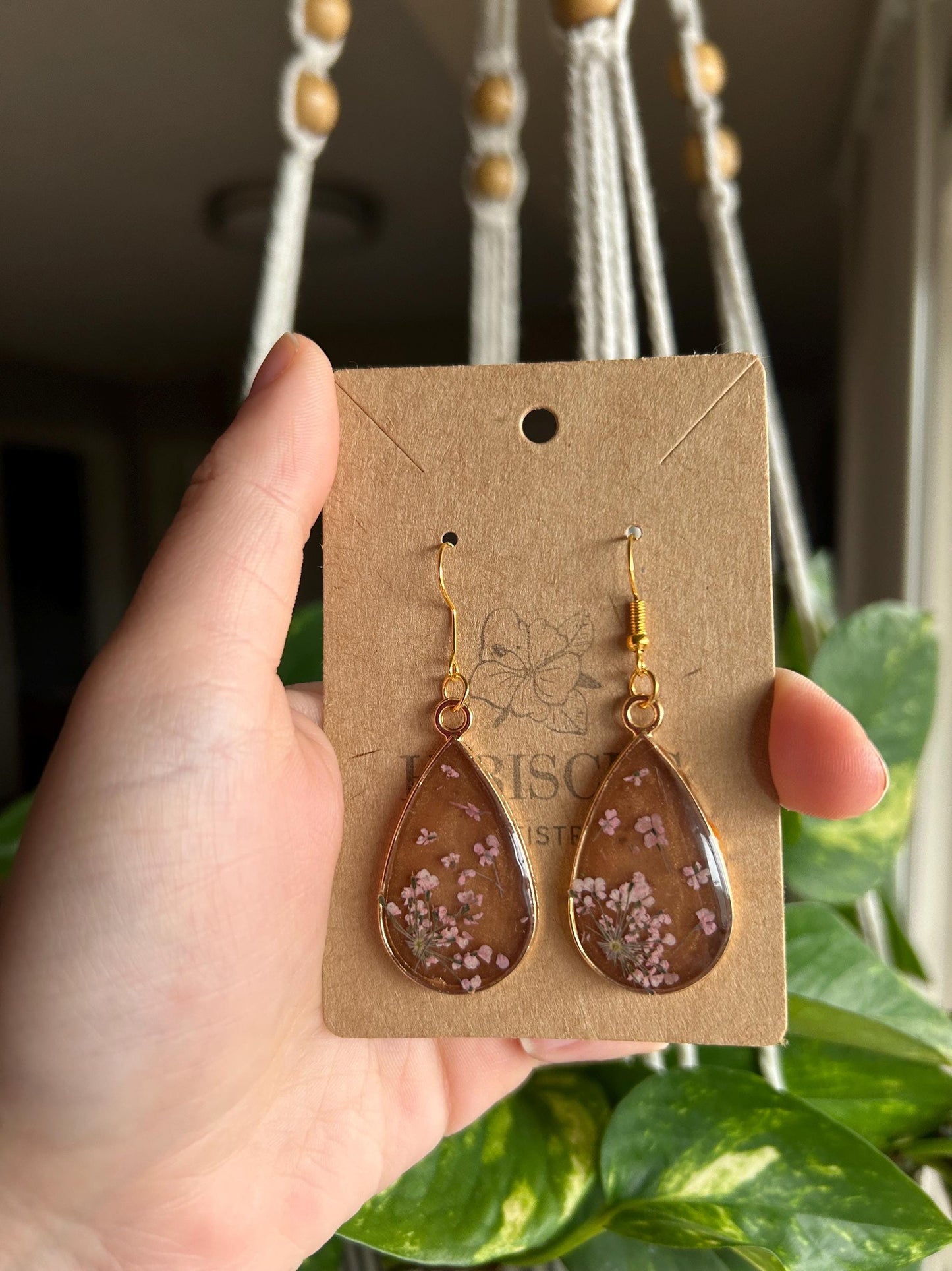 Resin Gold / Brown Earrings - Pink Lace Flowers