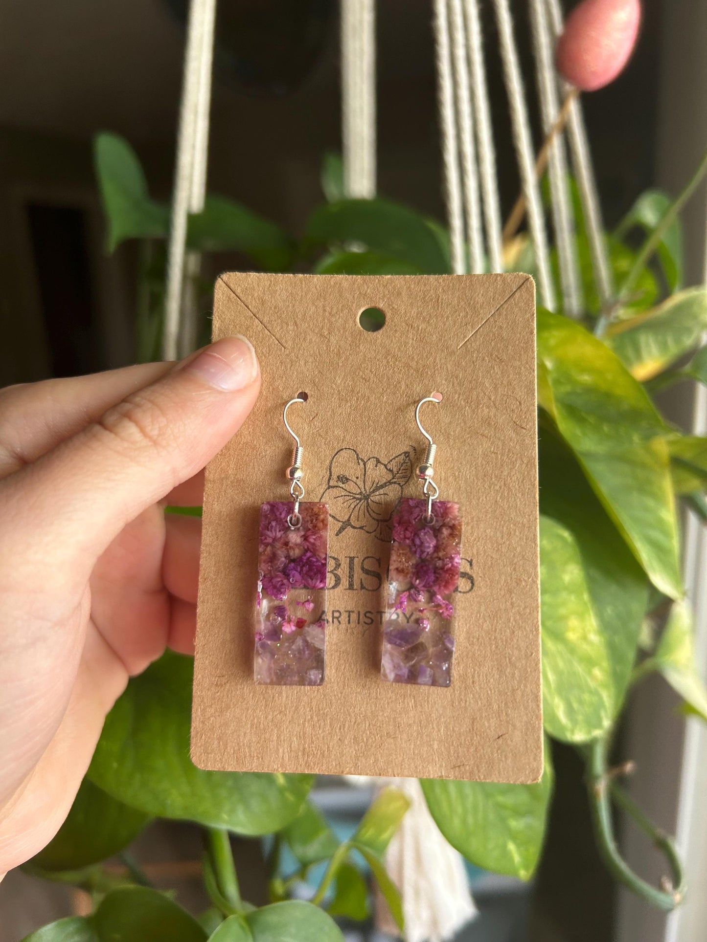 Pressed Flower Earrings - Amethyst and Purple Flowers